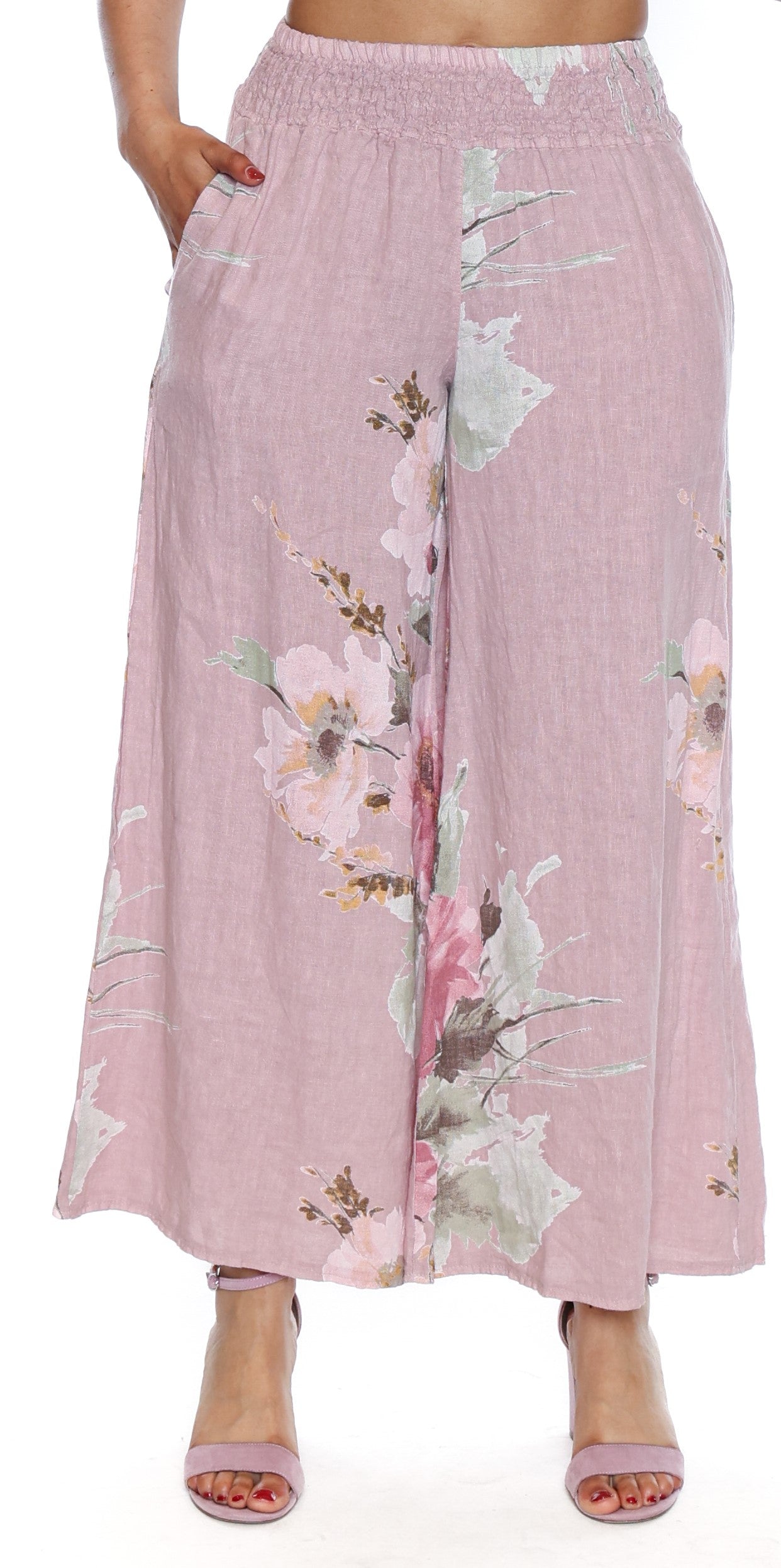 Sorella Linen Floral Wide Leg Pant-Pink L5917 - The Coach Pyramids