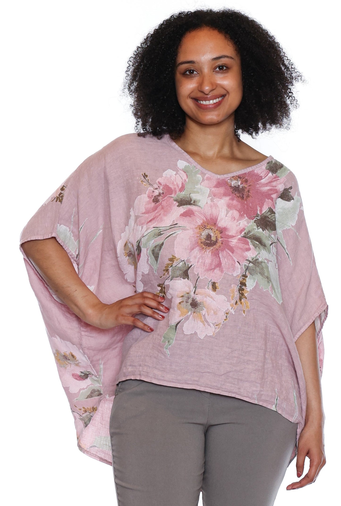 Sorella Linen Floral Print Top-Pink L5918 - The Coach Pyramids