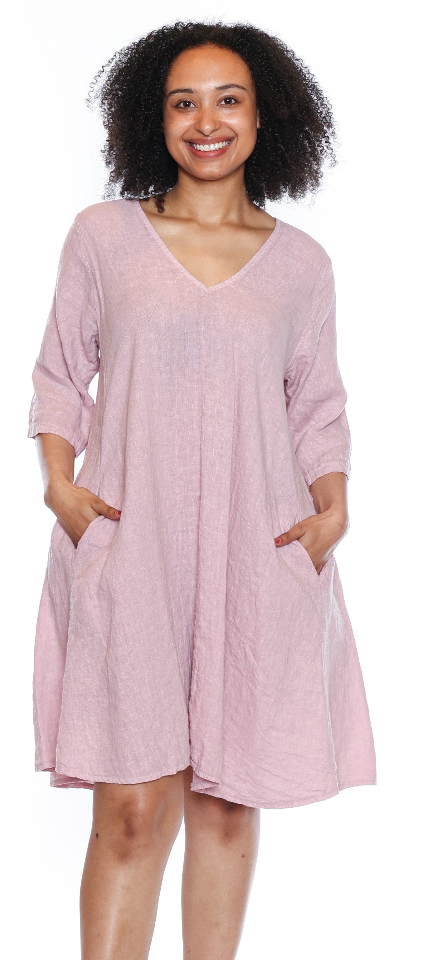 Sorella Linen V Neck Dress-Pink L5920 - The Coach Pyramids