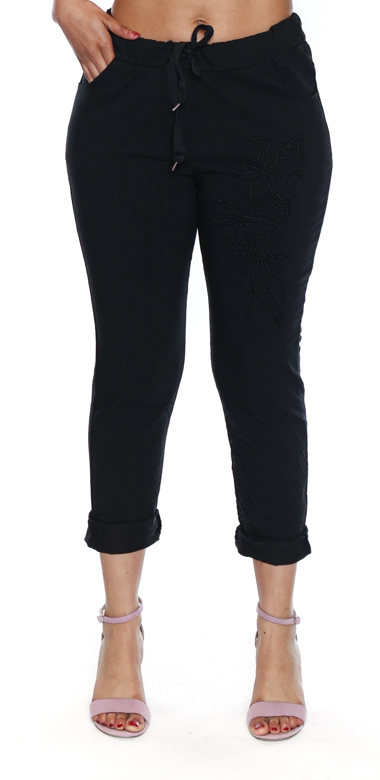 Sorella Cotton Stretch Drawstring Pants W/Embroidery Detail-Black L5928 - The Coach Pyramids