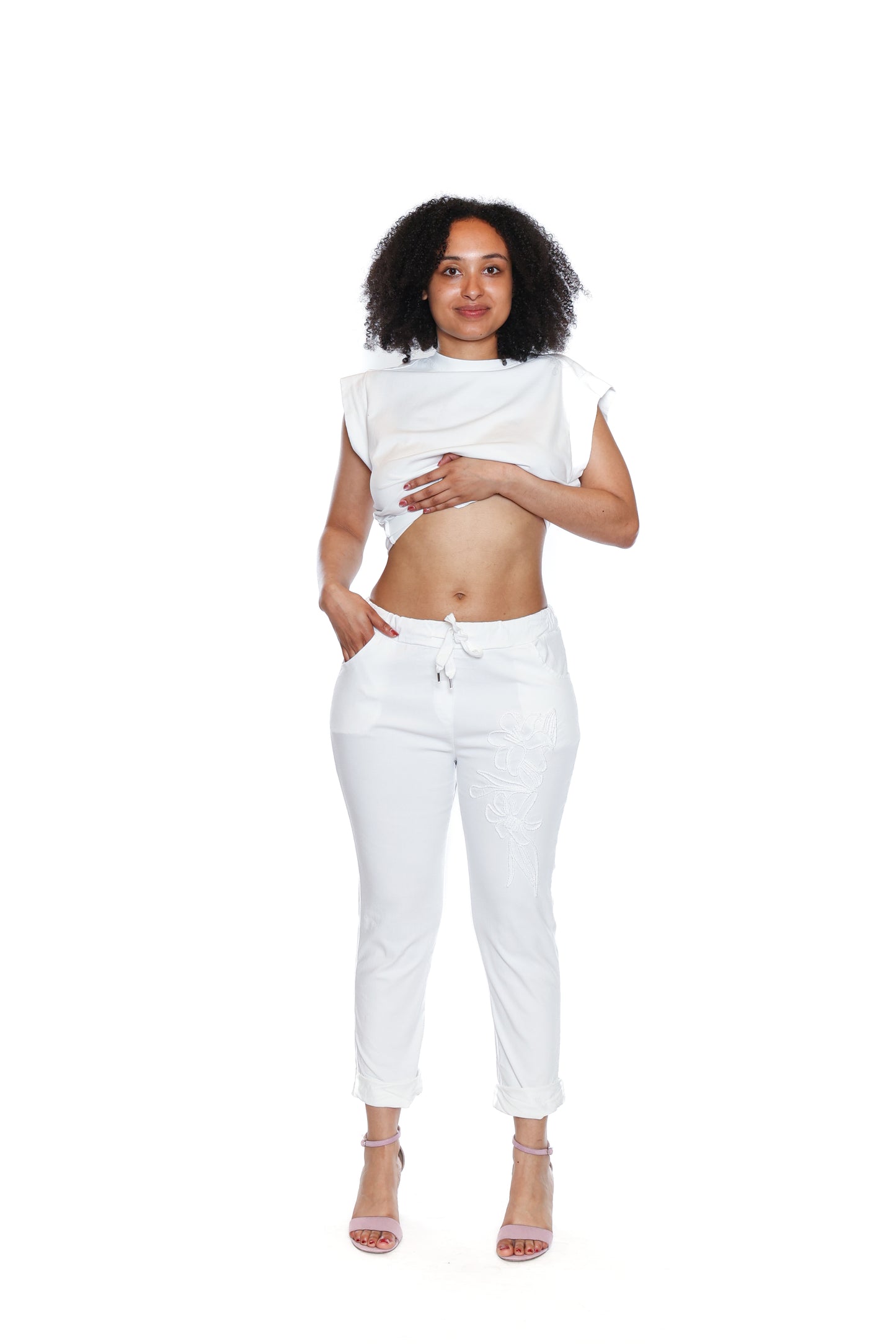 Sorella Cotton Stretch Drawstring Pants W/Embroidery Detail-White L5928 - The Coach Pyramids