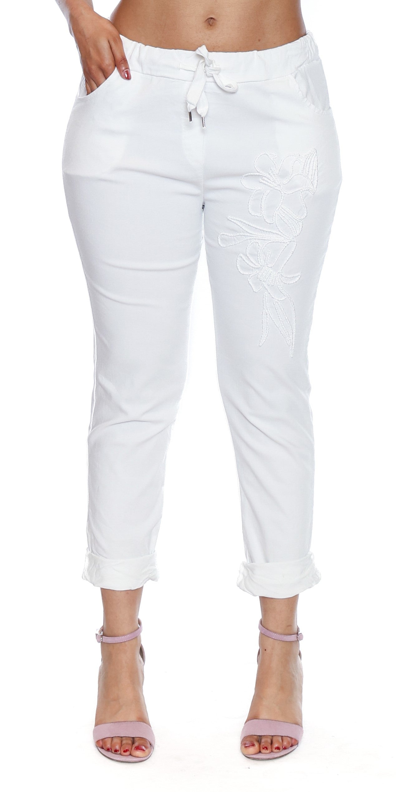Sorella Cotton Stretch Drawstring Pants W/Embroidery Detail-White L5928 - The Coach Pyramids