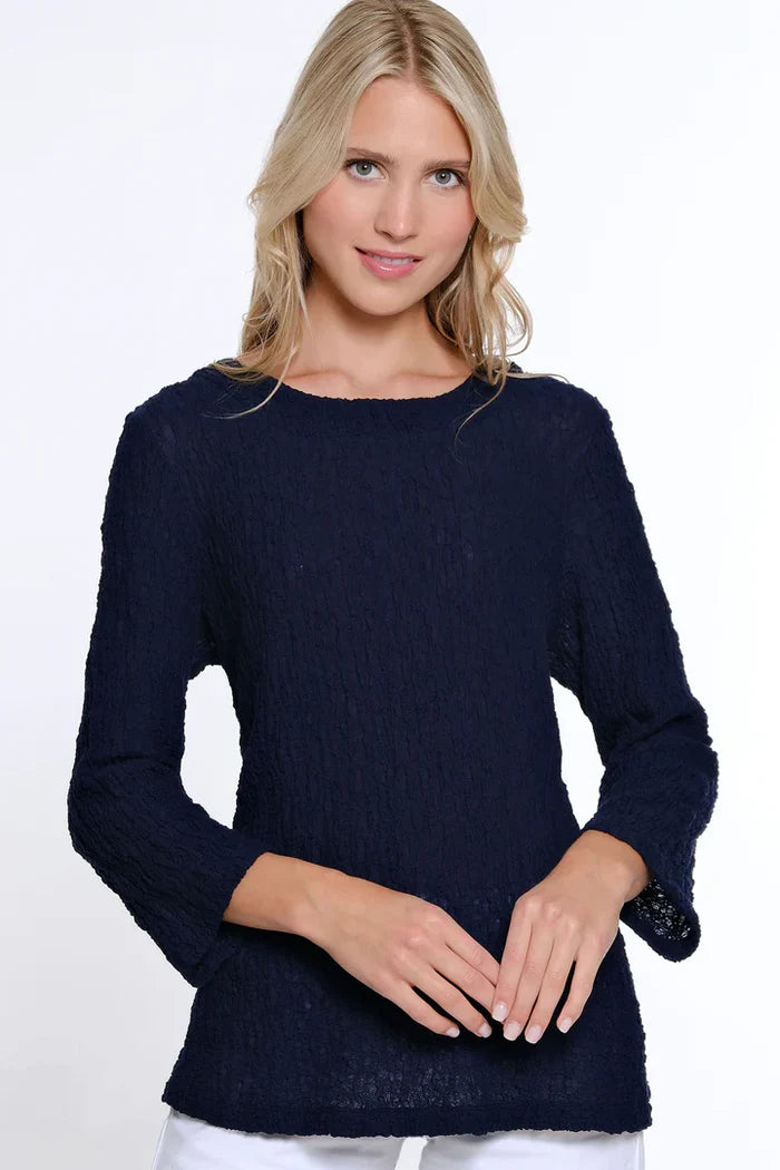 Habitat Multiples-Spring/Summer 2025-M15105TM-3/4 Sleeve Pucker Woven Top-Midnight - The Coach Pyramids