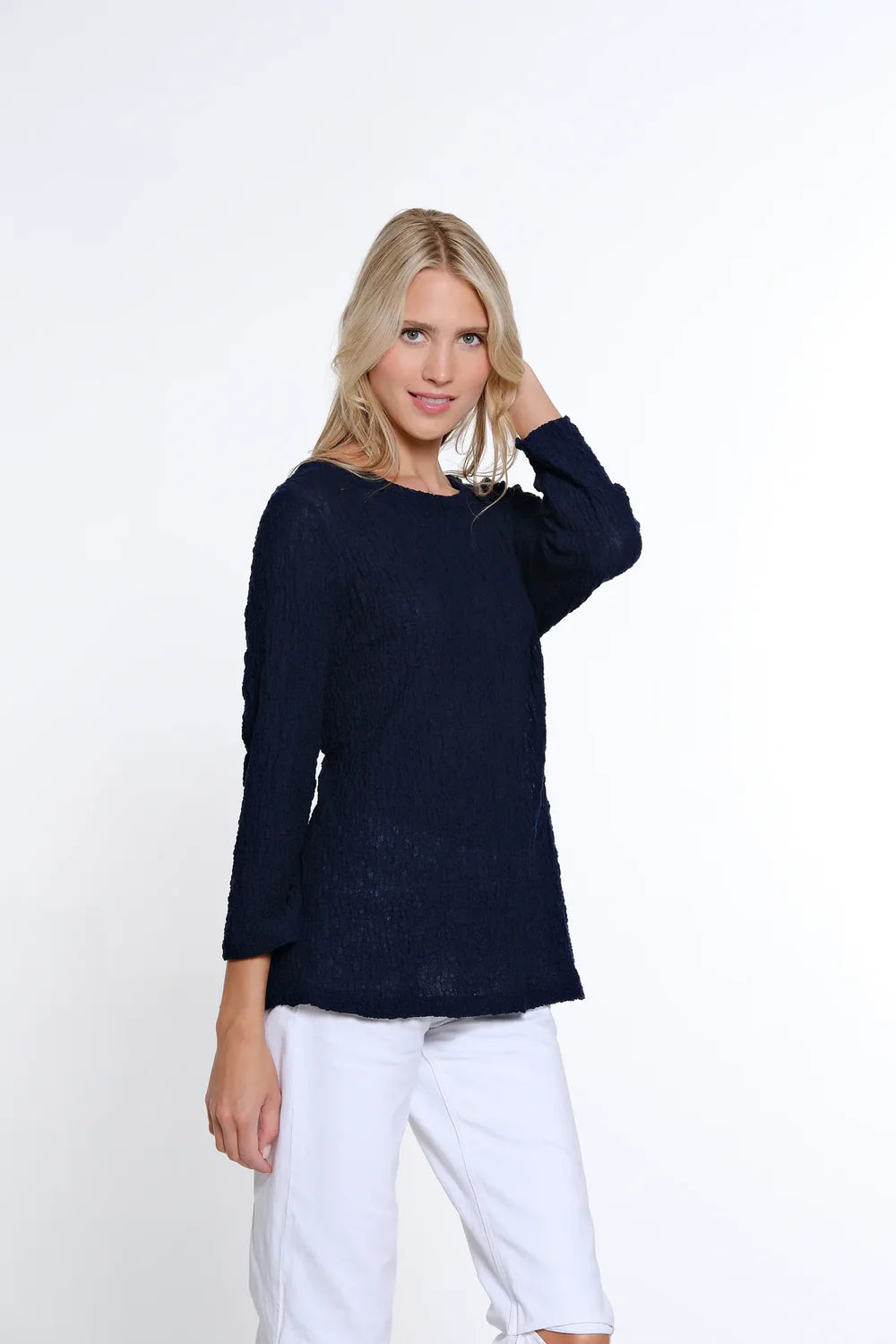 Habitat Multiples-Spring/Summer 2025-M15105TM-3/4 Sleeve Pucker Woven Top-Corn Flower - The Coach Pyramids