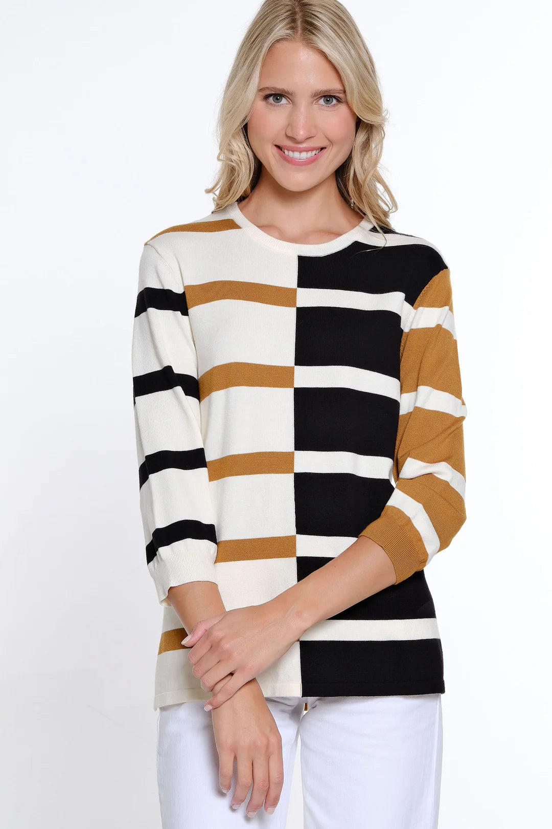 Multiples-Spring/Summer 2025-M15304KM-3/4 Sleeve Jewel Neck Sweater Knit Top-Multi - The Coach Pyramids