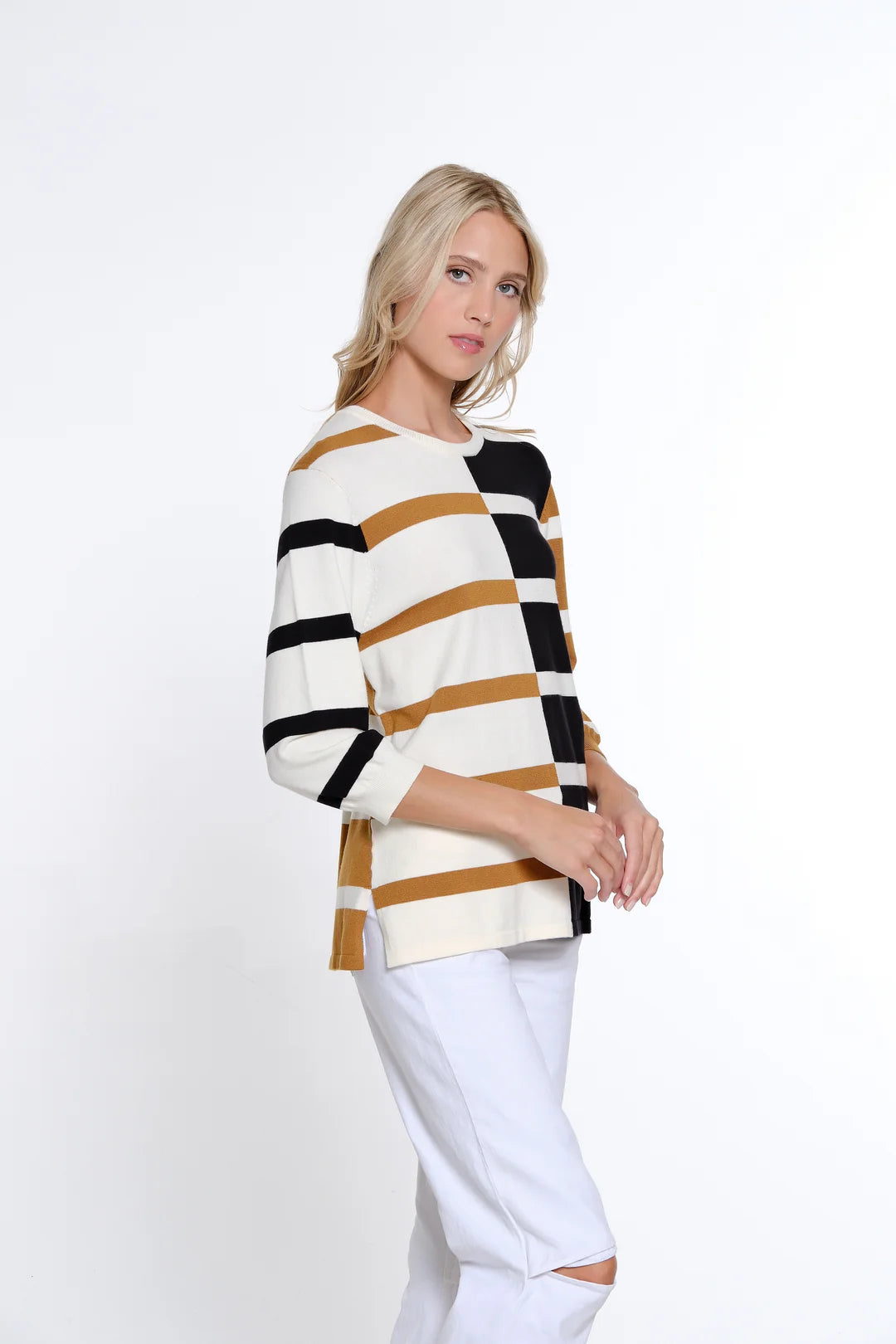 Multiples-Spring/Summer 2025-M15304KM-3/4 Sleeve Jewel Neck Sweater Knit Top-Multi - The Coach Pyramids