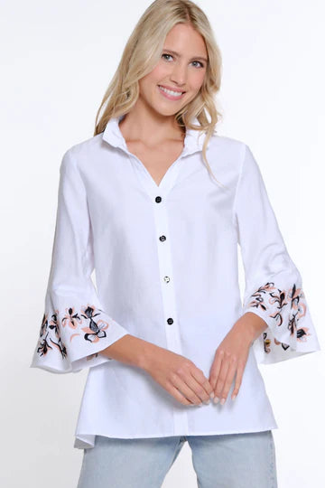 Habitat Multiples-Spring/Summer 2025-M15601BM-3/4 Embroidered Flounce Sleeve Shirt-White - The Coach Pyramids
