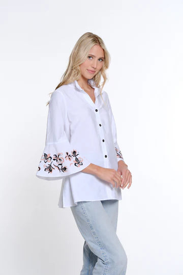 Habitat Multiples-Spring/Summer 2025-M15601BM-3/4 Embroidered Flounce Sleeve Shirt-White - The Coach Pyramids