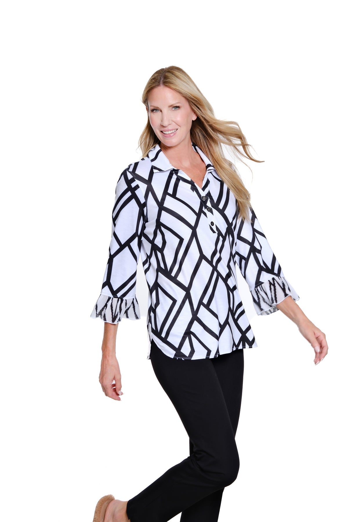 Multiples-M16108TM-3/4 Sleeve Y Neck Print Top-Black White Print - The Coach Pyramids