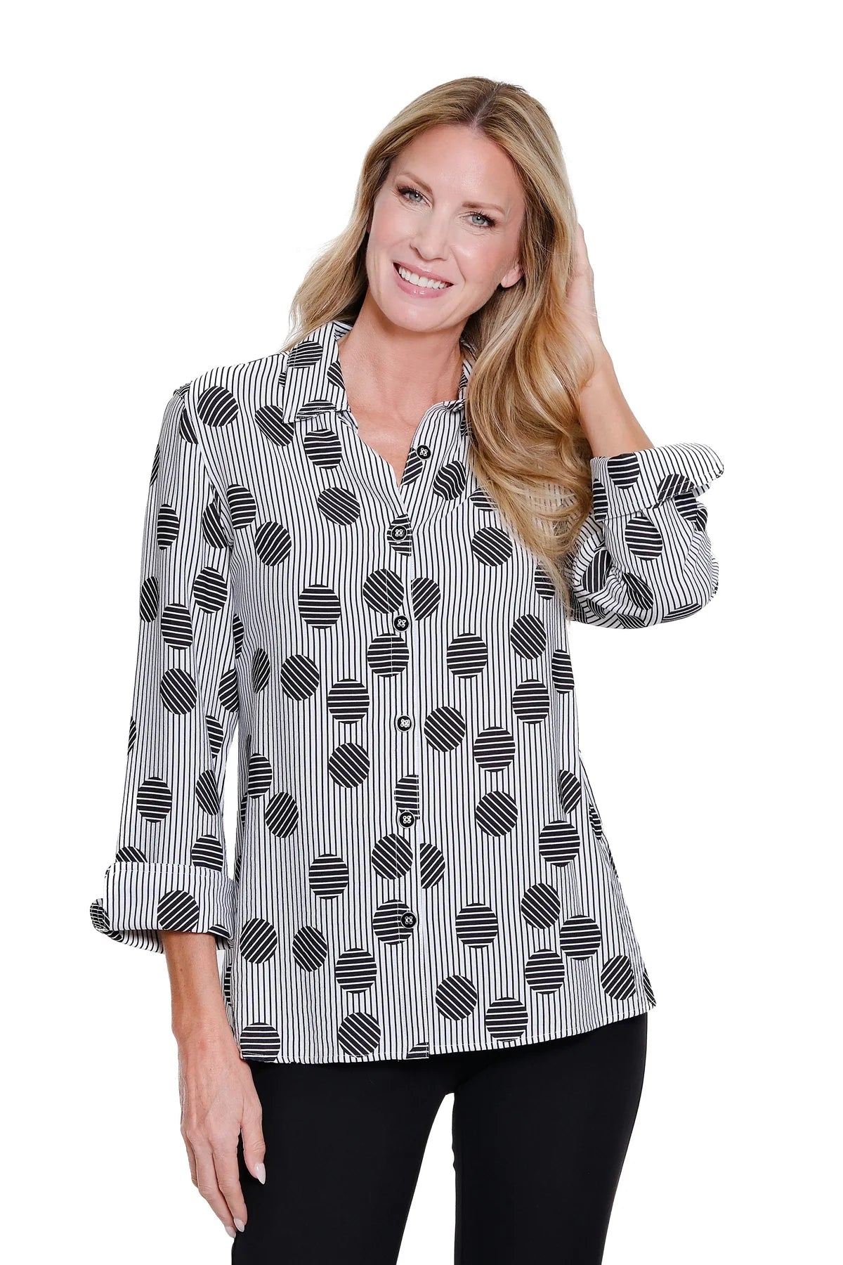 Multiples-M16112BM-Turn Up Cuff Print Shirt-Black White Print - The Coach Pyramids
