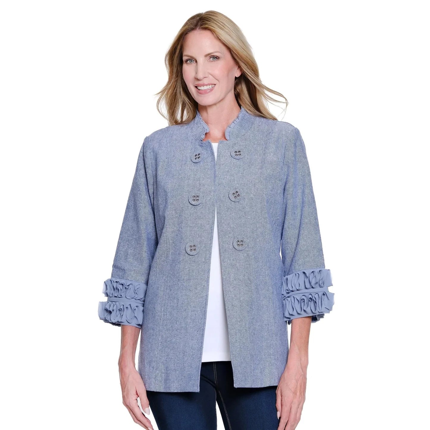 Multiples-M16114JM-3/4 Sleeve Blend Solid Lined Jacket-Chambray Blue - The Coach Pyramids