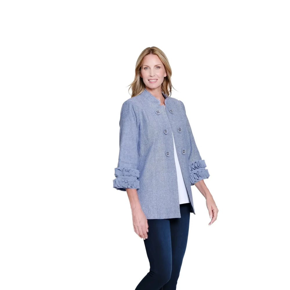 Multiples-M16114JM-3/4 Sleeve Blend Solid Lined Jacket-Chambray Blue ...