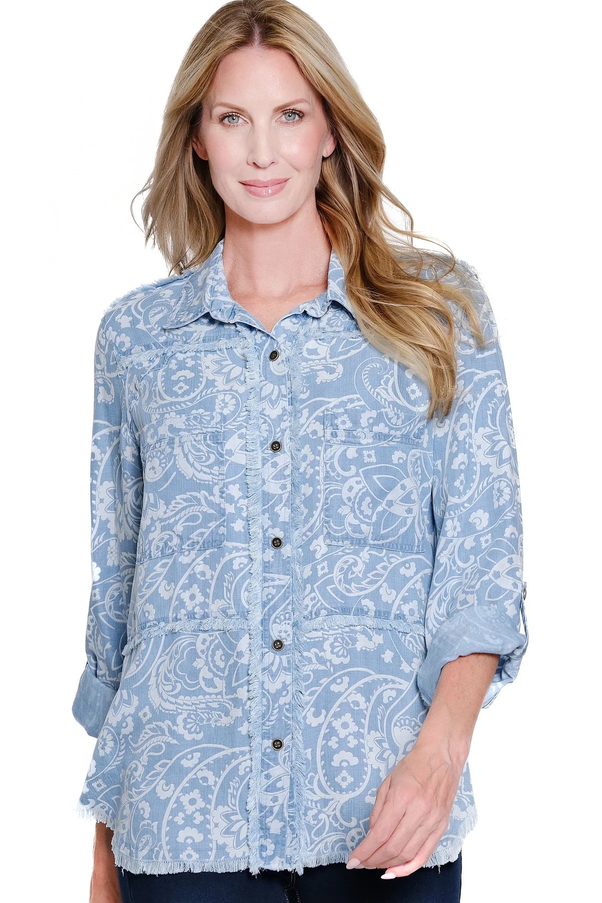 Multiples-M16208BM-Roll Tab L/S Printed Shirt-Denim Print - The Coach Pyramids