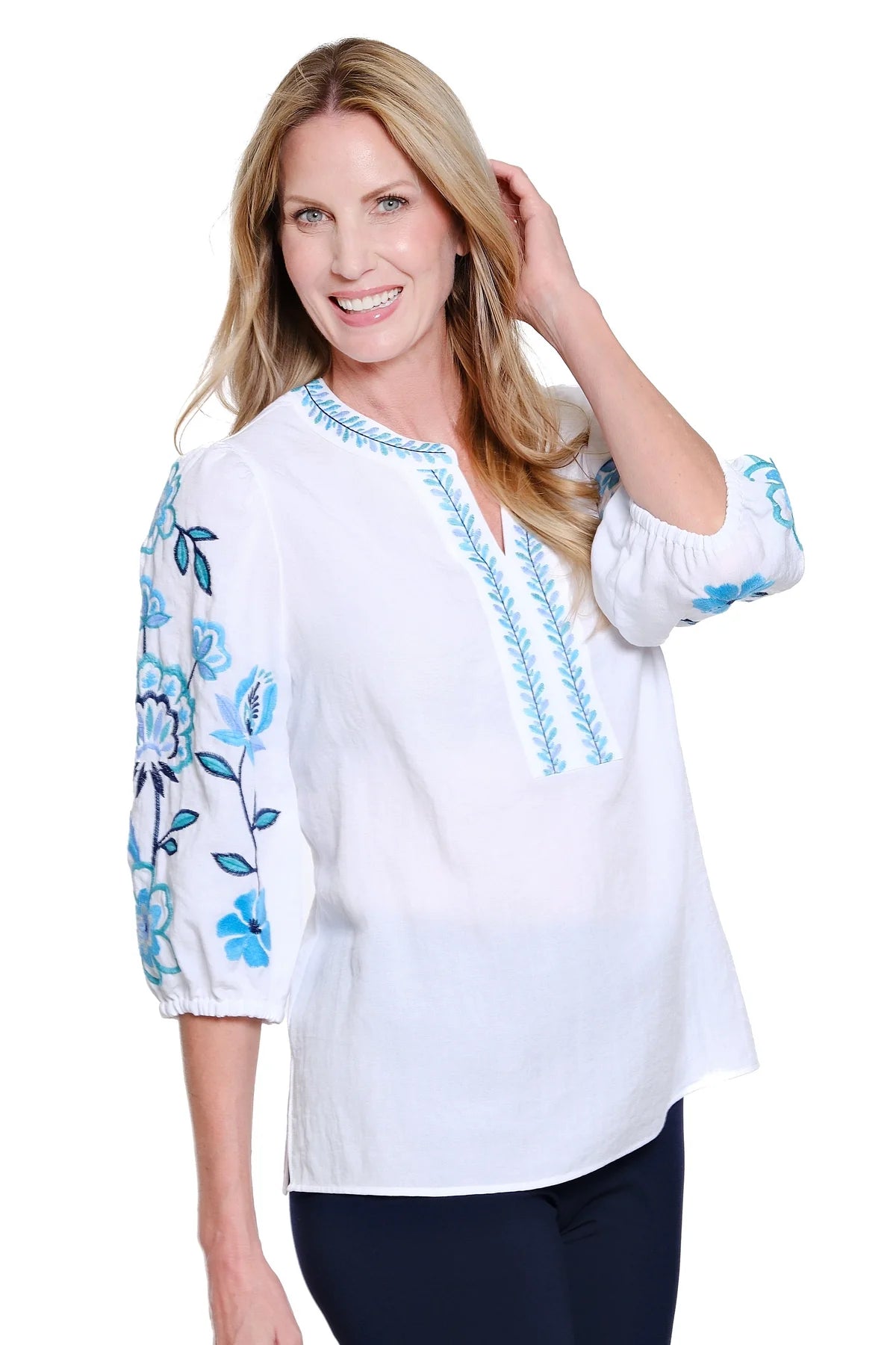 Multiples-M16307TM-Embroidered Shirred Sleeve Top-Multi - The Coach Pyramids
