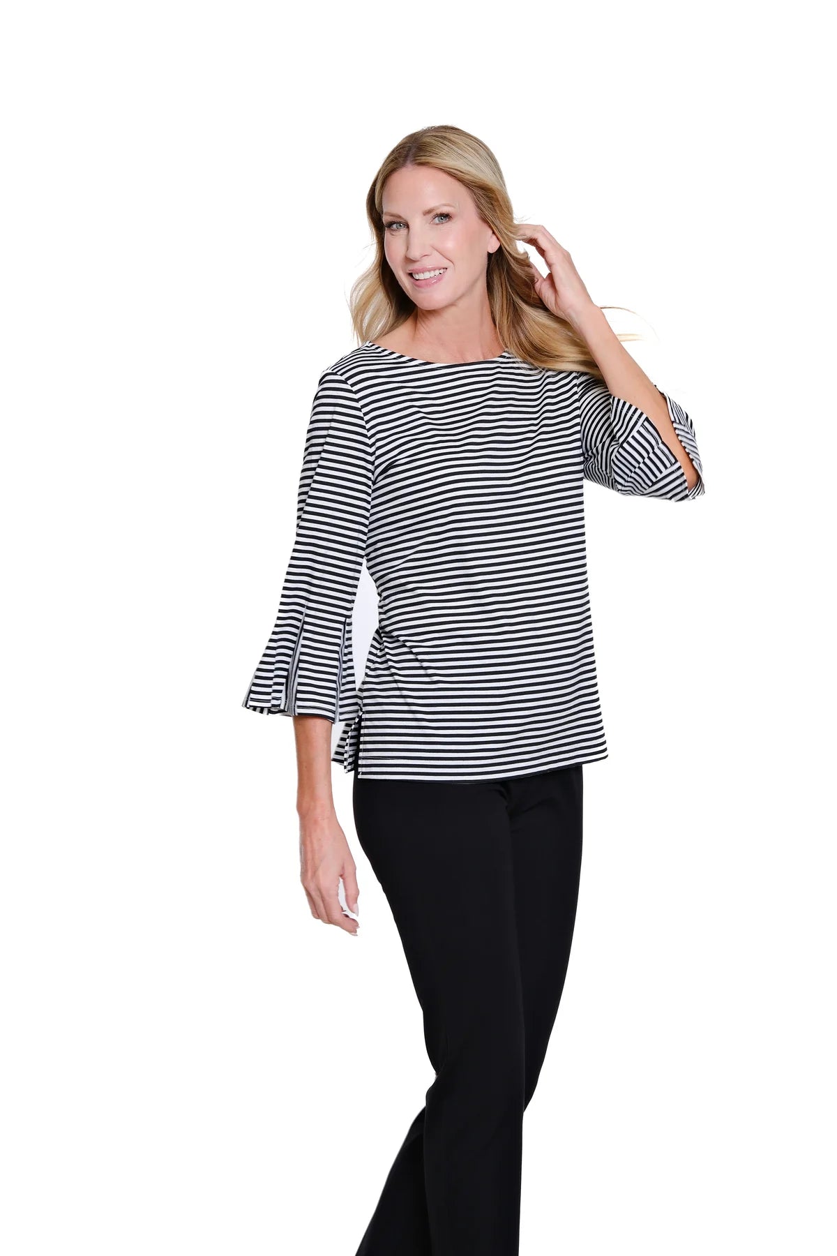 Multiples-M16409TM-Flounce 3/4 Sleeve Stripe Top-Black Stripe - The Coach Pyramids