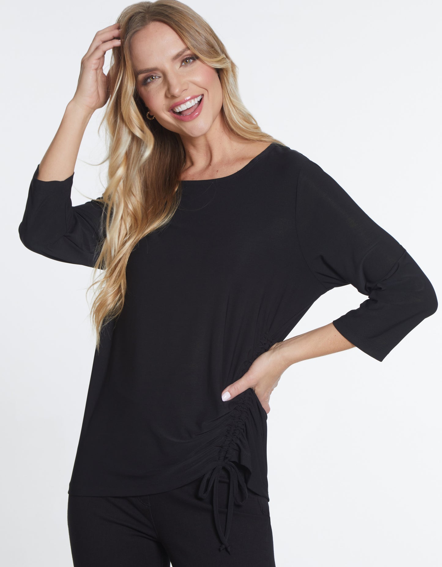 Habitat Fall 2024-M34501TM- 3/4 Sleeve Drawstring Tie Top-Black - The Coach Pyramids