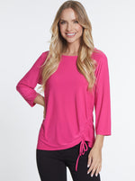 Habitat Fall 2024-M34501TM- 3/4 Sleeve Drawstring Tie Top-DP Fuchsia