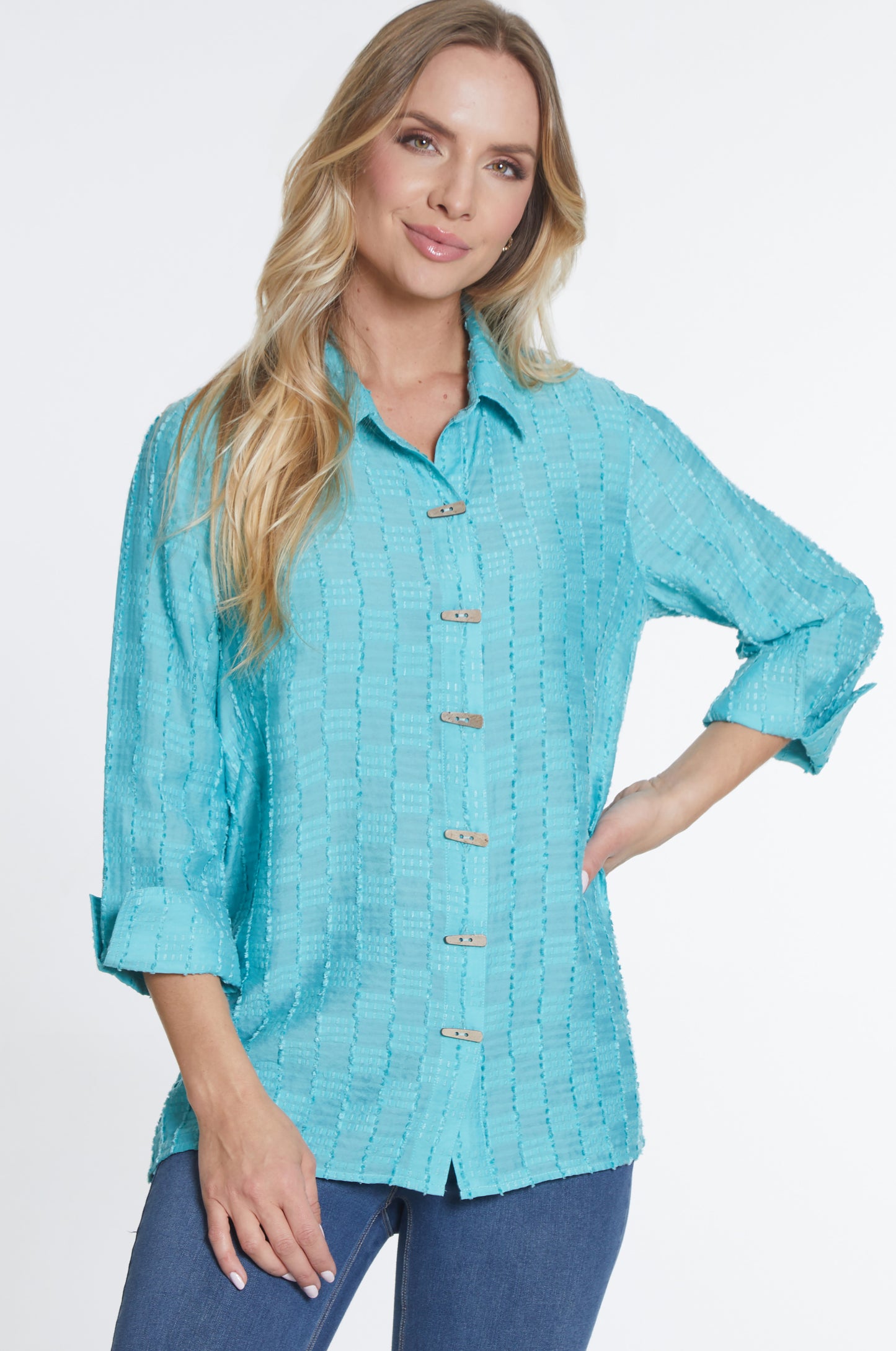 Habitat Fall 2024-M34609BM- 3/4 Sleeve Hilo Shirt-Aqua - The Coach Pyramids