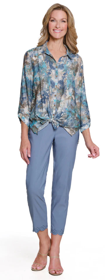 Multiples-Fall/Winter 2025-M35404BM-Cinched Tab Cuffed 3/4 Sleeve Shirt-Multi - The Coach Pyramids