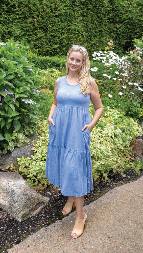 Papa Fashions Spring/Summer 2025-P4311-Slub Cotton Tier Dress W/Pockets-Periwinkle