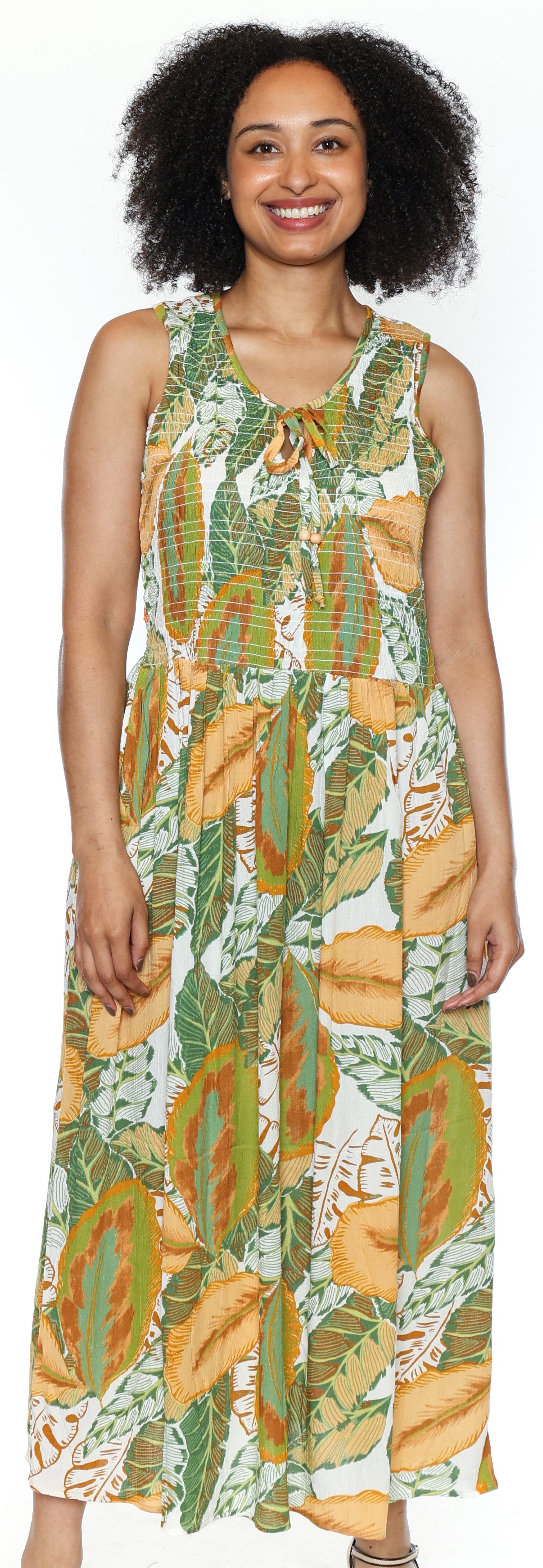 Papa Fashions-P5675-Printed Smocked Dress-Green - The Coach Pyramids