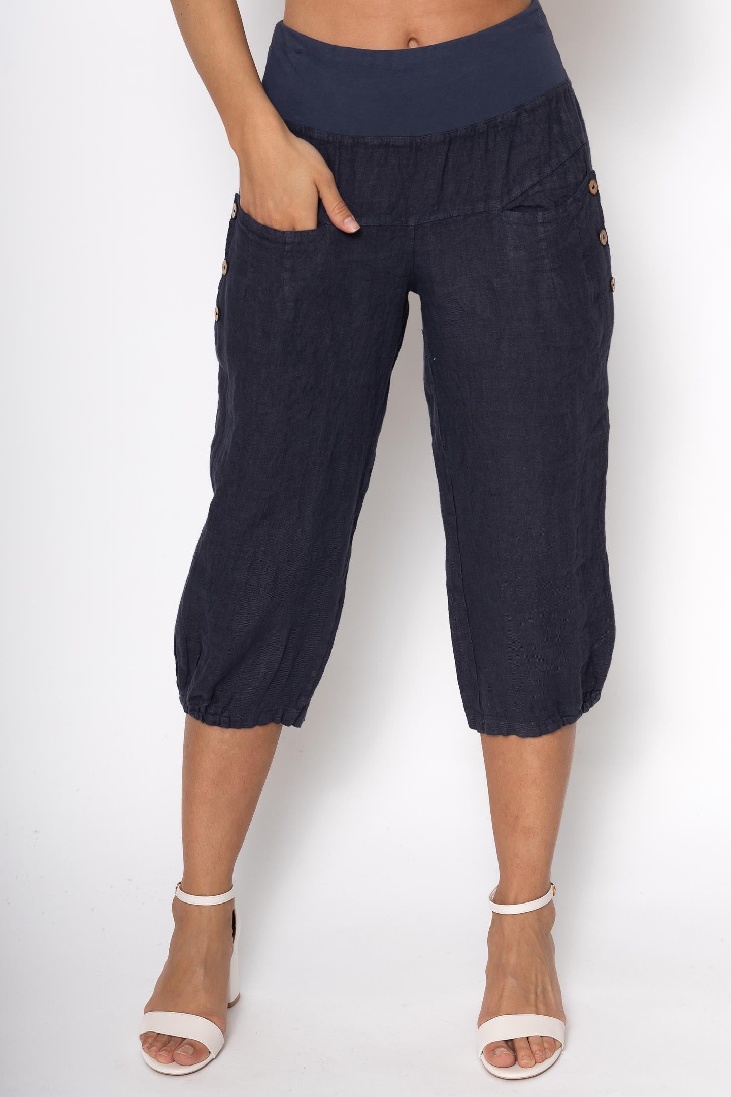 Linen Luv Spring/Summer 2025-PT836-71-French Linen Capri Pant-Navy - The Coach Pyramids