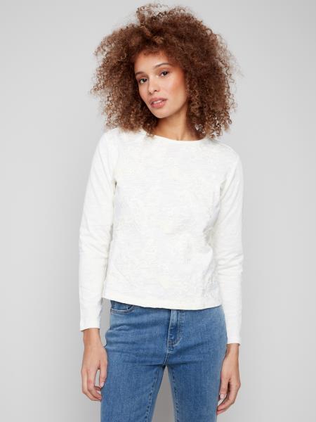 Charlie B Fall/Winter 2025-C1408EPK-419C-Crew Neck Embroidered Jersey Top-Ecru - The Coach Pyramids
