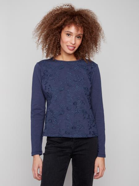 Charlie B Fall/Winter 2025-C1408EPK-419C-Crew Neck Embroidered Jersey Top-Moon Light - The Coach Pyramids