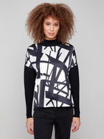 Charlie B Fall/Winter 2025-C1410-686B-Printed Satin Knit Combo Mock Neck Top-Black/Cream - The Coach Pyramids