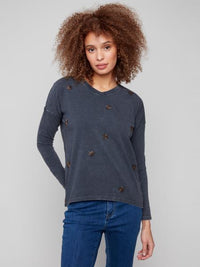 Charlie B Fall/Winter 2025-C1415PK-206C-Beaded Vintage Wash V Neck Top-Charcoal - The Coach Pyramids