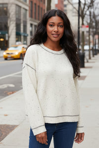 Charlie B-C2041-982-Crew Neck Sweater W/Whipstitch Detail-Cookie/Cream - The Coach Pyramids