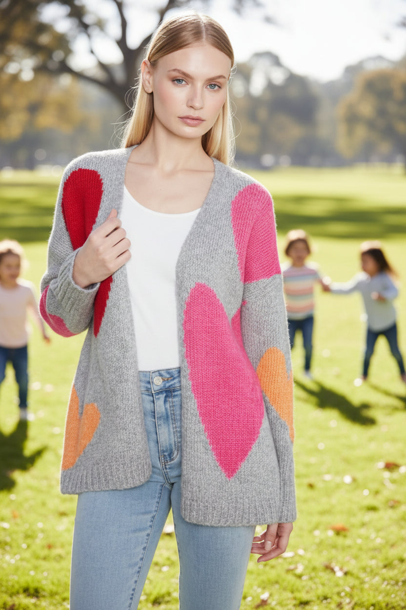 Charlie B-C2168-P008-Heart Placement Print Open Front Cardigan-H