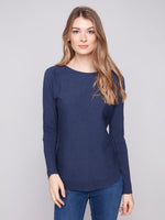Charlie B Fall/Winter 2025-C2170Z-464A-Sweater W/BackLace Up Detail-Denim - The Coach Pyramids