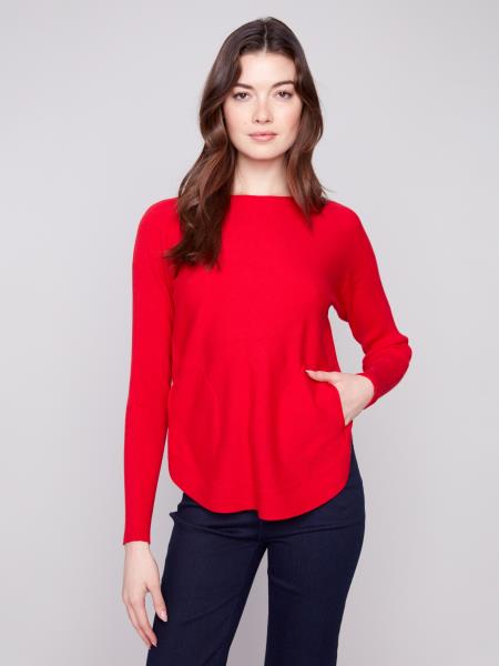 Charlie B Fall/Winter 2025-C2170Z-464A-Sweater W/Back Lace Up Detail-Crimson - The Coach Pyramids