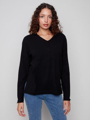 Charlie B Fall/Winter 2025-C2279RR-464A-V Neck Basic Sweater-Black - The Coach Pyramids