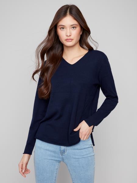 Charlie B Fall/Winter 2025-C2279RR-464A-V Neck Basic Sweater-Navy - The Coach Pyramids