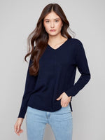 Charlie B Fall/Winter 2025-C2279RR-464A-V Neck Basic Sweater-Navy - The Coach Pyramids