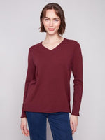 Charlie B Fall/Winter 2025-C2279RR-464A-V Neck Basic Sweater-Cabernet - The Coach Pyramids