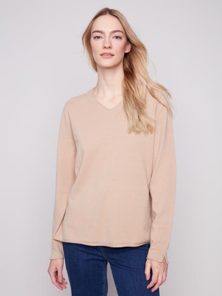 Charlie B Fall/Winter 2025-C2799RR-464A-V Neck Basic Sweater-Sesame - The Coach Pyramids