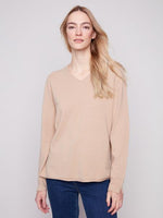 Charlie B Fall/Winter 2025-C2799RR-464A-V Neck Basic Sweater-Sesame - The Coach Pyramids