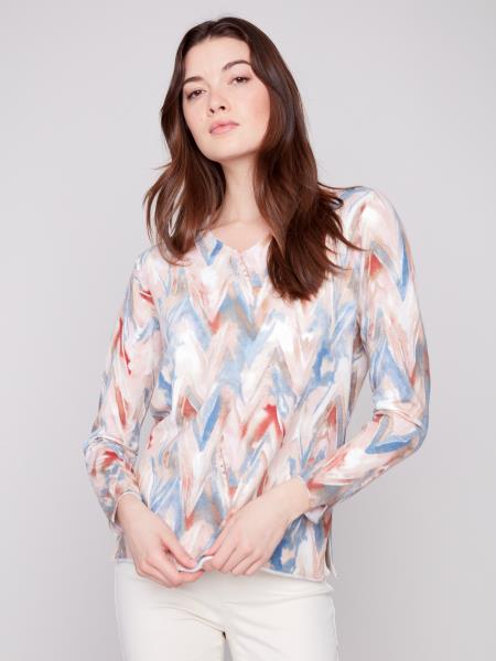 Charlie B Fall/Winter 2025-C2279TP-464A-Printed V Neck Sweater-Chevron - The Coach Pyramids