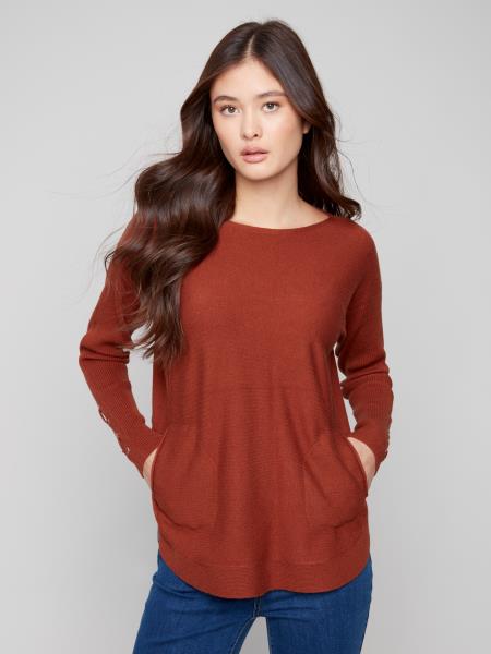 Charlie B Fall/Winter 2025-C2380Y-464A-Sweater W/Lace Up Cuffs-Sepia - The Coach Pyramids