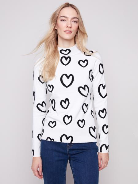 Charlie B Fall/Winter 2025-C2681-65B-Reversible Mock Neck Sweater-Hearts - The Coach Pyramids