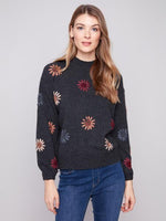 Charlie B Fall/Winter 2025-C2689E-433C-Mock Neck Sweater W/Embroidery-H-Charcoal - The Coach Pyramids