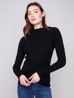 Charlie B Fall/Winter 2025-C2754-077C-Ribbed Knit Mock Neck Sweater-Black - The Coach Pyramids