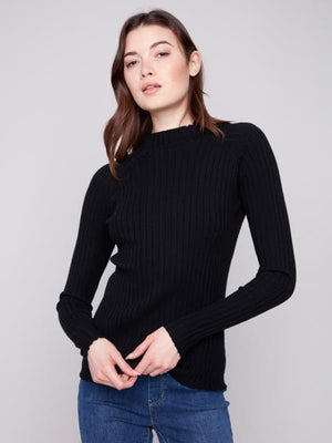 Charlie B Fall/Winter 2025-C2754-077C-Ribbed Knit Mock Neck Sweater-Black - The Coach Pyramids