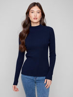 Charlie B Fall/Winter 2025-C2754-077C-Ribbed Knit Mock Neck Sweater-Navy - The Coach Pyramids