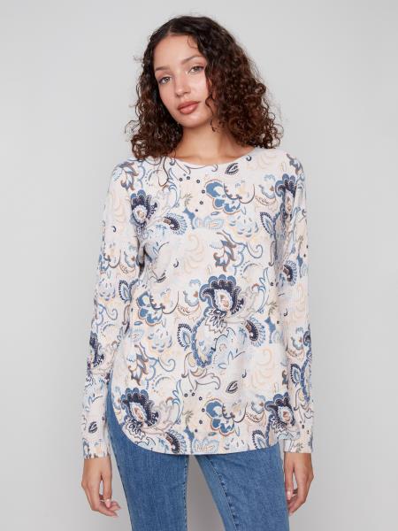 Charlie B Fall/Winter 2025-C2818P-464A-Printed Rounded Hem Sweater-Blush - The Coach Pyramids