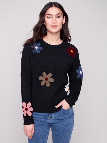 Charlie B Fall/Winter 2025-C2829-736A-Super Plush Sweater W/Boucle Flowers-Black - The Coach Pyramids