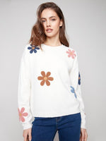 Charlie B Fall/Winter 2025-C2829-736A-Super Plush Sweater W/Boucle Flowers-Ecru - The Coach Pyramids